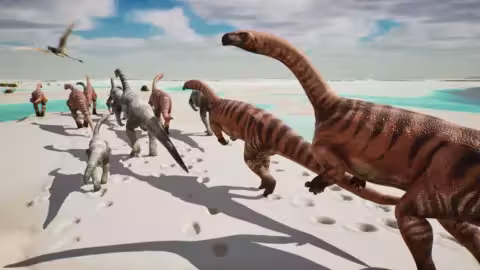 Représentation artistique d'un troupeau de prosauropodes marchant sur une plaine boueuse à marée basse. Les empreintes plus petites suggèrent que le troupeau comprenait également de jeunes spécimens.